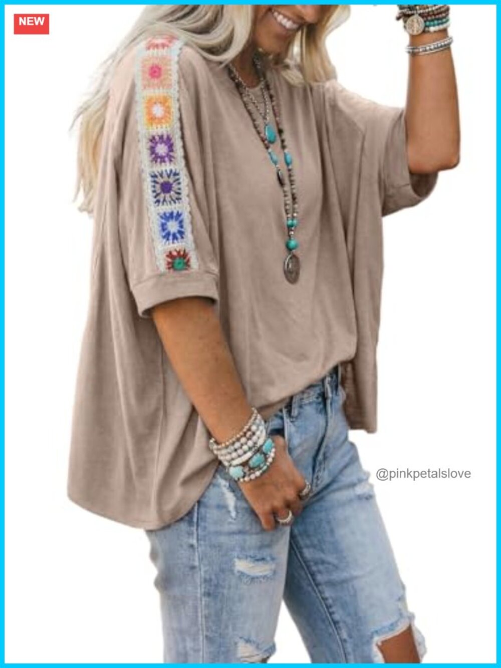 Oversized Embroidered T-Shirt with Shoulder Lace Short Sleeve Crewneck